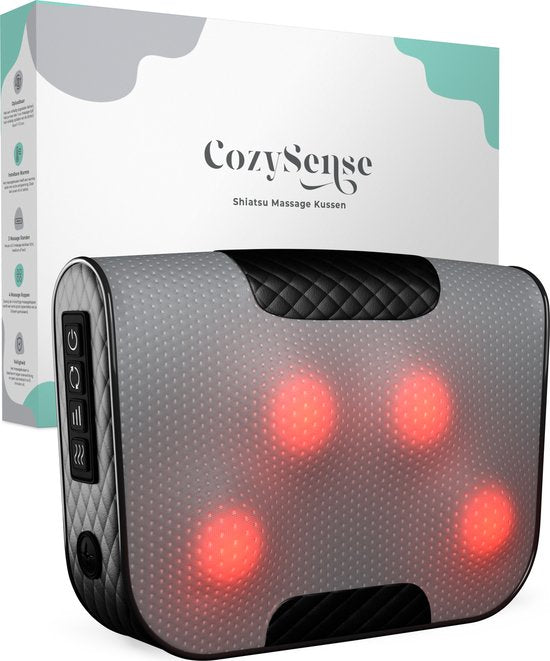CozySense® Shiatsu-Massagekissen - Elektrisches & drahtloses Massagegerät für Nacken und Rücken - Wärmefunktion - Wiederaufladbar - Ergonomisch - Schwarz