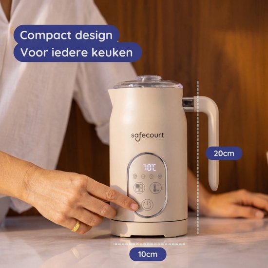 Safecourt kitchen Elektrischer Milchaufschäumer - 100% PFAS-frei - Display & Temperaturkontrolle - 4-in-1 - 350ml - Beige