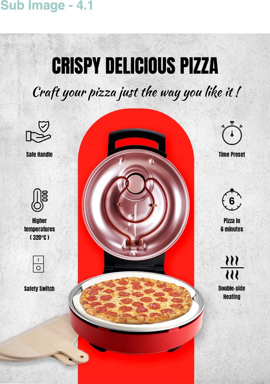 Bestron Turbo-Pizzaofen für Pizzen in 5–10 Minuten, elektrischer Pizzaofen mit einer tatsächlichen Höchsttemperatur von 320 °C, inklusive Pizzastein und 2 großen Holzspateln, Viva Italia, Farbe: Rot