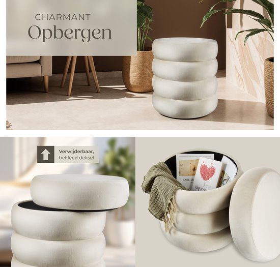 tectake - Hocker mit Ablage - Scandi Hocker Samtstoff - Runder gepolsterter Hocker für Frisiertisch, Schlafzimmer, Wohnzimmer oder als Flurmöbel - Ablagehocker - creme