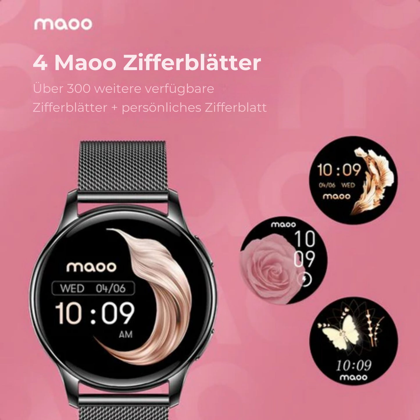 Maoo Ventura AMOLED Smartwatch - Damen - Edelstahl und 3x Silikonband - Schrittzähler - Herzfrequenzmesser - Schlafüberwachung - Multisport - Für Android und iOS - Schwarz