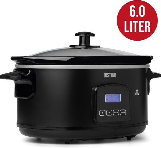 DistinQ - Digitaler Slowcooker 6 Liter mit Timer - Innenbehälter aus Keramik - Timerfunktion - schwarz