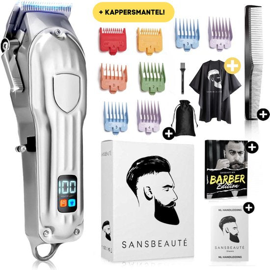 Professionelle kabellose Haarschneidemaschine + Barbiermantel - Haarschneidemaschine für Männer - Sansbeauté® - Cheveux Hair - Haartrimmer - Friseur-Haarschneidemaschine - Haarschneider - Barttrimmer - Trimmgerät - Barbier-Haarschneidemaschine - Barbier-T