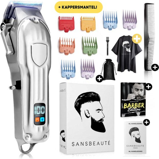 Professionelle kabellose Haarschneidemaschine + Barbiermantel - Haarschneidemaschine für Männer - Sansbeauté® - Cheveux Hair - Haartrimmer - Friseur-Haarschneidemaschine - Haarschneider - Barttrimmer - Trimmgerät - Barbier-Haarschneidemaschine - Barbier-T