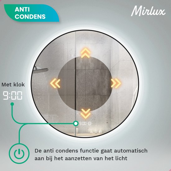 Mirlux Badezimmerspiegel mit LED-Beleuchtung & Heizung - Wandspiegel rund - Anti-Kondensations-Duschspiegel - Mattschwarz - 100CM