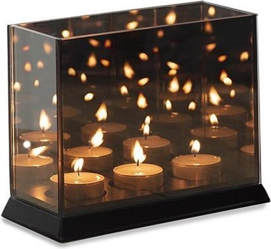 Liva Living Magic Cube - Stimmungslichthalter - 3 Kerzen - 20 x 9 x 15 cm - Mit getöntem Spiegelglas - Unendlichem Reflexionseffekt - Für Innen und Außen - Schwarzes Glas