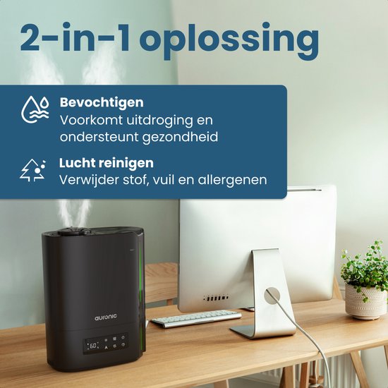 Auronic Luftbefeuchter - 5 Liter - Geeignet für Wohnzimmer, Büro, Schlafzimmer, Babyzimmer und mehr - BPA-frei - Schwarz