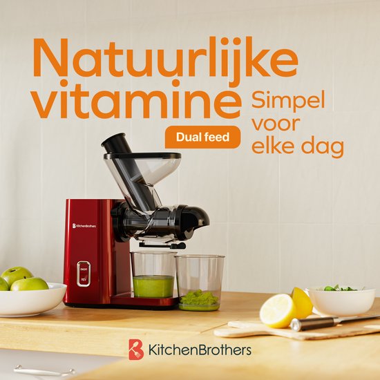 KitchenBrothers Slowjuicer - Mini-Entsafter - Gemüse- und Obstpresse - 40 mm und 50 mm Einfüllöffnung - 400 ml - Rot