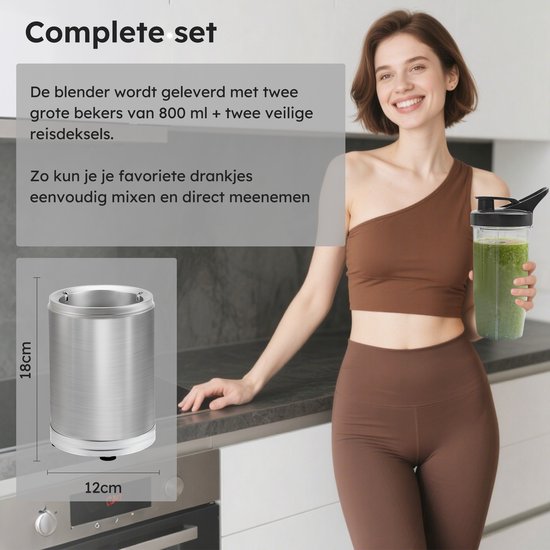 Blender To Go - 6-teiliges Set - Smoothie Maker - Mixer - 2x 800ml Trinkbecher - 1200W - spülmaschinenfest - BPA-frei - tragbarer Mixer - Silber - von Saaf
