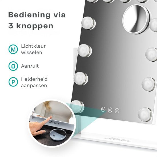 Mirlux Make Up Hollywood-Spiegel mit Beleuchtung (44x30cm) - Vision - Dimmbare LED-Birnenbeleuchtung - 13 Lampen - Weiß