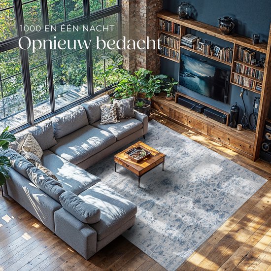 tectake Teppich im Vintage-Design - Niederflorteppich - Boho-Teppich - Für Wohnzimmer, Schlafzimmer, Kinderzimmer oder Jugendzimmer - Waschbar - 240cm x 340cm - blau