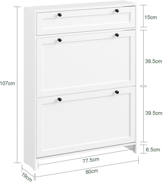 SoBuy - Schuhschrank mit 1 Schublade - 80 x 19 x 107 cm & mit 2 Kipptüren - ausgestattet mit Anti-Kipp-System und Silikonfüßen - für schmale Flure und Eingänge - weißes Mdf