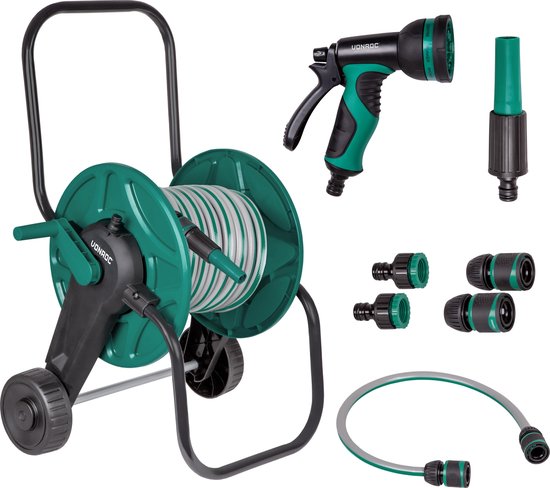 VONROC Schlauchwagen-Komplettset | Inkl. 20m Gartenschlauch, 3 Sprühdüsen, Schlauchverbinder und Wasseranschluss