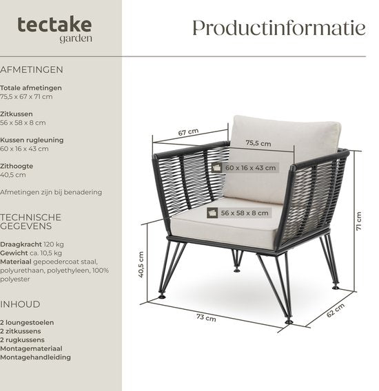 tectake 2er-Set Garten-Lounge-Sessel Sundo im Rope-Design - Komfort und Stil - Loungesessel