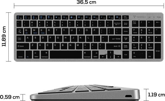 Trendfield Wireless Keyboard - Bluetooth Tastatur - Leise Tasten - Wiederaufladbar - Qwerty - Space Grau