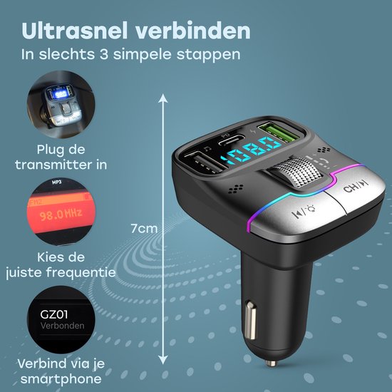 Audyn Bluetooth FM Transmitter - USB-A & USB-C - Bluetooth-Empfänger - Schnellladegerät - Autoladegerät - Carkit - Autozubehör - RGB
