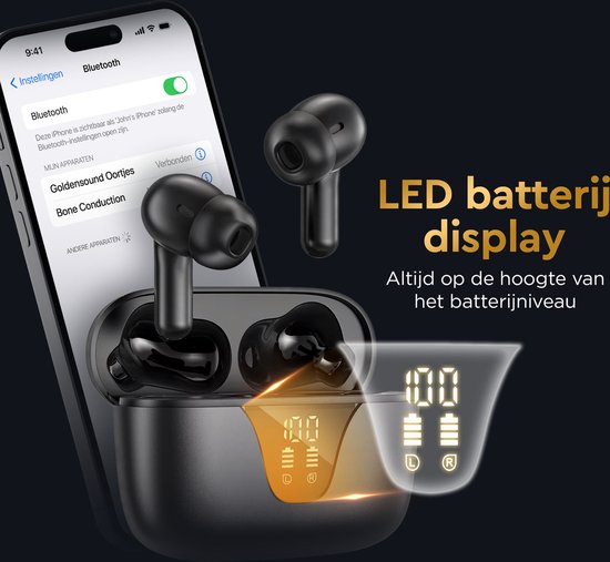 Golden Sound Earphones kabellos - Kabellose Ohrhörer - Bluetooth-Ohrhörer - Aktive Geräuschunterdrückung - Sport-Ohrhörer - LED-Display - Touch-Funktion - Geeignet für jedes Smartphone & Laptop