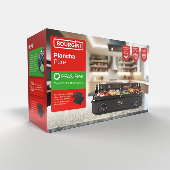 Bourgini Plancha Pure for 8 - Keramikbeschichtet (PFAS-frei) - Elektrisch - Gesundes Grillen - Backblech - Griddleplatte - Drehbare Grillplatte gerippt und flach