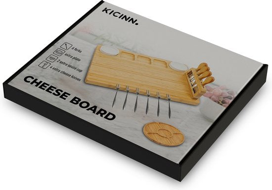 Kicinn Trinkbrett - Tapasbrett - Käsebrett - Servierbrett - Trinkbrett Holz - Inkl. Käsemesser, Gabeln, Schalen und extra Servierbrett - Bambus