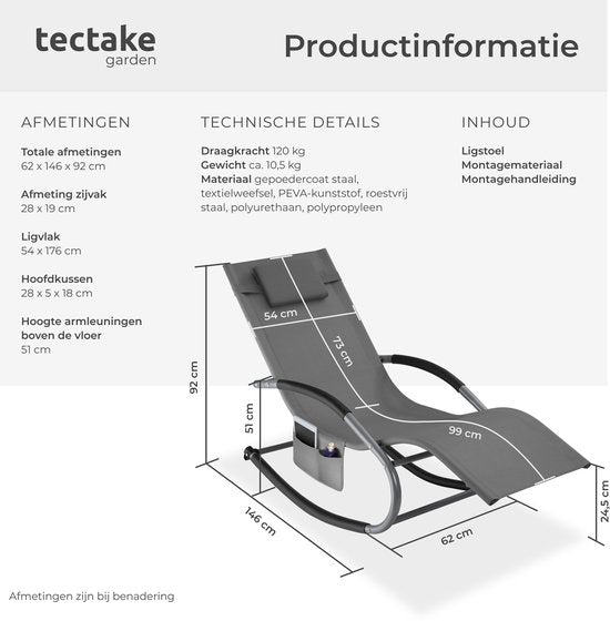 tectake® Liege Taya - Ergonomische Liege für Garten, Terrasse, Balkon - Relaxsessel mit Wippfunktion - Gartenstuhl mit bequemen Armlehnen, Kopfstütze und Ablagefach - wetterfest und wasserabweisend - 120kg Tragkraft - Grau