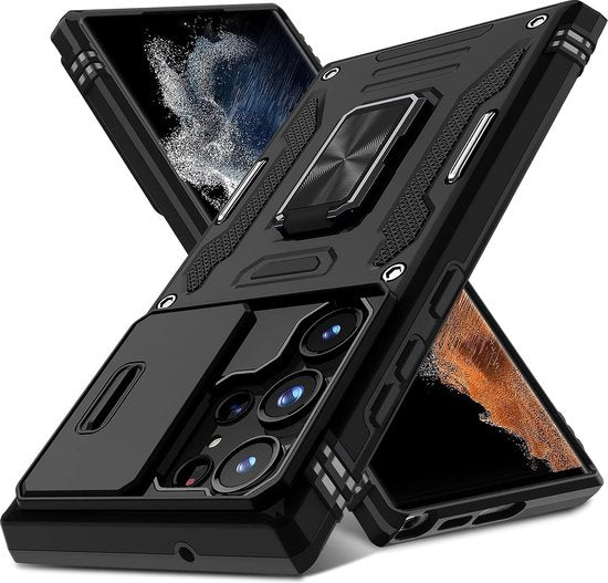 Podec Case mit Displayschutzfolie - Geeignet für Samsung Galaxy S23 Ultra - Schwarzes Handy Case - Anti-Shock Case - Hybrid Armor Case mit Kickstand Ring