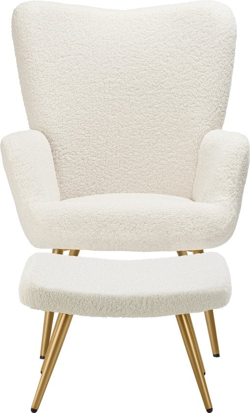 tectake Sessel im skandinavischen Stil - Mit Fußhocker - Teddy Chair Hygge - Sessel für Wohnzimmer, Schlafzimmer - Loungesessel - Goldfarbene Metallbeine - Belastbarkeit bis 150 kg - Creme