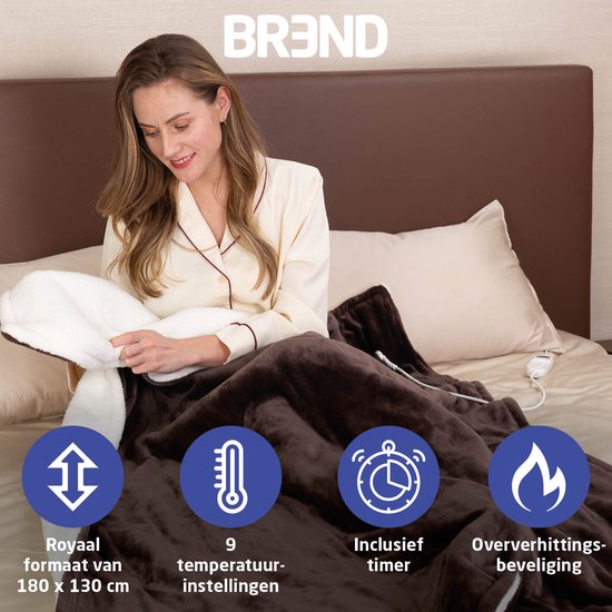 BREND - Elektrische Decke mit 9 Temperatureinstellungen - Flanell-Fleece-Decke - BR-2219 - 180 x 130 cm - Braun/Weiß