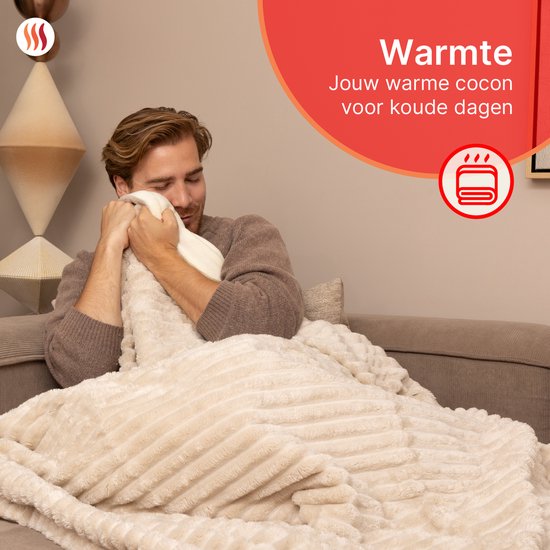 Seranova Heizdecke XXL - Extra Wärmedrähte - Gestreiftes Modell - 180x160 cm - Wärmedecke für 2 Personen - Doppelseitiges Vlies - Beige
