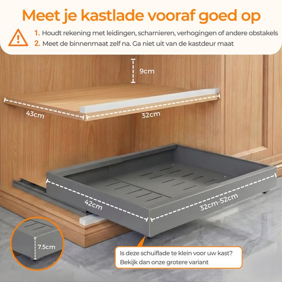 Posity Slide Drawer - Küchenschrank-Organizer - Spülenschrank/Schubladen-Organizer - Innenschublade Küche - Ausziehbar und verstellbar (32-52 cm) - Teleskopisch - Grau