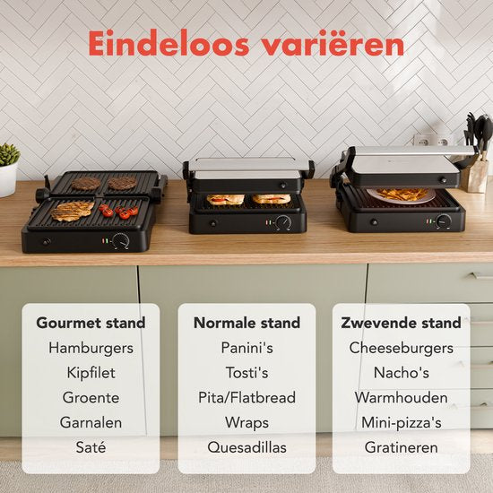 KitchenBrothers Kontaktgrill - Grillgerät - Abnehmbare Grillplatten - Panini Grill - 3 Höheneinstellungen - Toasti Eisen - 2000W - Edelstahl