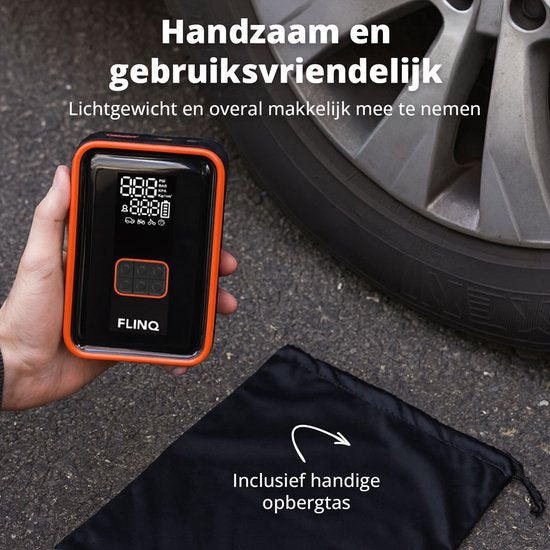 FlinQ 12V Starthilfe für Auto & Motorrad - 4-in-1 Luftkompressor, LED-Taschenlampe, SOS-Notleuchte & Powerbank - Elektrische Reifenpumpe - Starthilfe - inkl. Aufbewahrungstasche