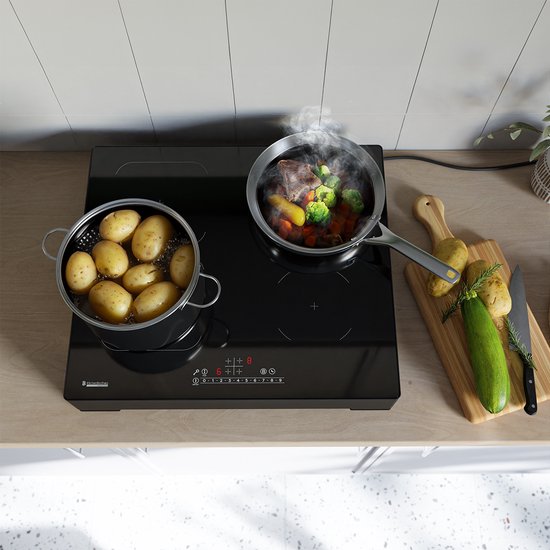KitchenBrothers Induktionskochfeld - Freistehendes Induktionskochfeld - 60 cm - 4 Zonen - 1x Flexzone - 1 Phase - bis zu 3500W - Schwarz