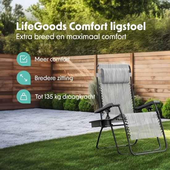 LifeGoods Faltbarer Gartenstuhl - Gartenliege - 30°-90° verstellbar - Metall - Hellgrau