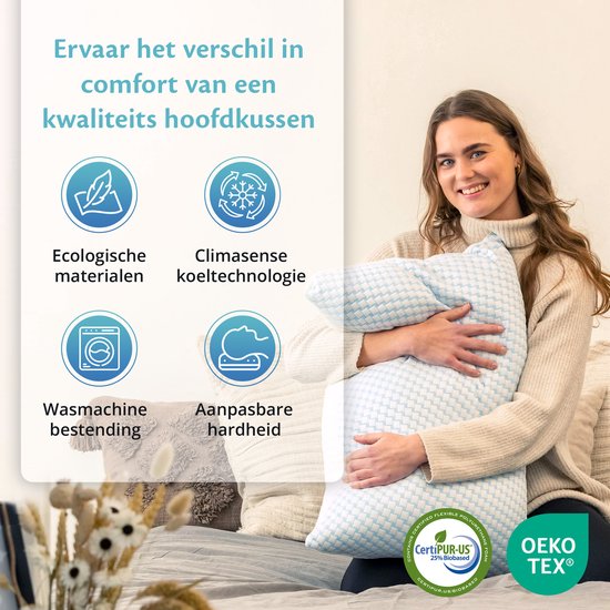 Ella® Kopfkissen Nackenschmerzen 40 x 80 cm - Bambuskissen - Memory Foam / Memory Foam Füllung - Ergonomisch und orthopädisch - Inklusive Kopfkissenbezug