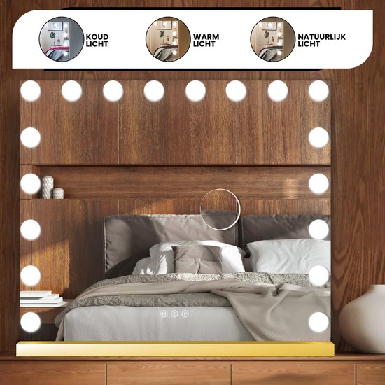 Bayt Hollywood Spiegel mit Beleuchtung - Make-up Spiegel mit Beleuchtung - Spiegel mit Beleuchtung - Hollywood Spiegel 80x60 - dimmbar - 10x Vergrößerung - 80x60cm - Gold