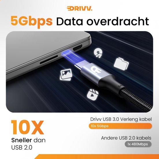 Drivv. Premium USB-Verlängerungskabel 3.0 - Stecker zu Buchse - USB-Datenkabel - schnelle Übertragung - 5Gbps - Nylon - 1 Meter - Schwarz