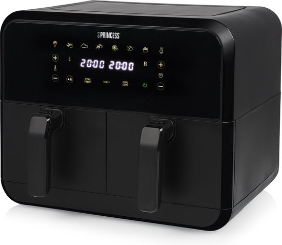 Princess Double Basket Airfryer 182068 - Double Airfryer - 8 Liter - 2 Körbe - XXL - 8 Programme - 2400W - Doppelte Heißluftfritteuse - Touchscreen - Schwarz - 80°C bis 220°C - Sync-Funktion