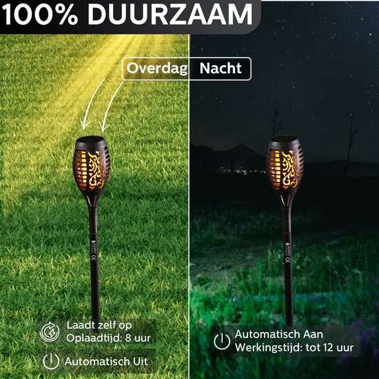 Happy Goods Solar Gartenbeleuchtung mit Solarenergie - 4 Gartenfackeln - 57 cm - Wasserdicht - Außenbeleuchtung mit Sensor - Gartenlaternen