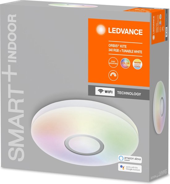 LEDVANCE Intelligente LED-Wand- und Deckenleuchte für den Innenbereich mit WiFi-Technologie, Lichtfarbe veränderbar (3-K-65-K), RGB-farbveränderbar, weiß, 34-mm, Google und Alexa kompatibel, SMART+ ORBIS KITE RGBW