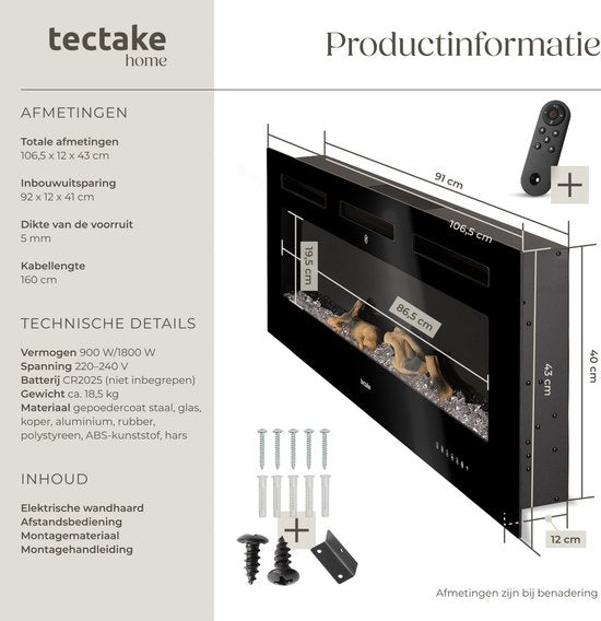 tectake® Wandkamin - Elektrokamin - Atmosphärischer Kamin - 106,5 x 12 x 43 cm - 900W & 1800W - Steuerung per Fernbedienung oder App - mit Thermostat - Ofen - mit Heizung - Kamine - Holz- und Glüheffekte - 3D-Flammen - Timer