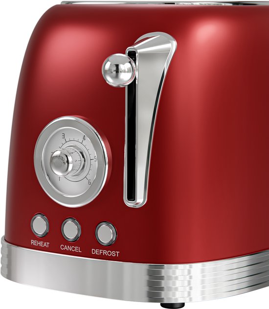 KitchenBrothers Retro-Toaster - Toaster - 6 Heizstufen - 2 extra breite Schlitze - 815W - Rot