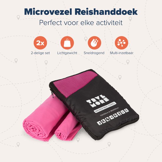 TRVLMORE Mikrofaser-Reisehandtuch-Set - 2 Stück - Groß (75 x 150 cm) & Extra groß (90 x 180 cm) - Mikrofaser - Pink