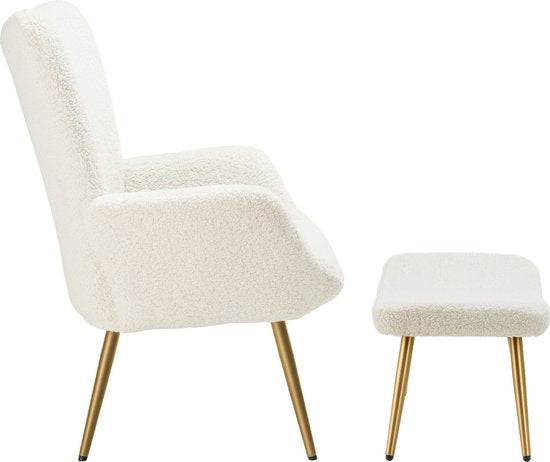 tectake Sessel im skandinavischen Stil - Mit Fußhocker - Teddy Chair Hygge - Sessel für Wohnzimmer, Schlafzimmer - Loungesessel - Goldfarbene Metallbeine - Belastbarkeit bis 150 kg - Creme
