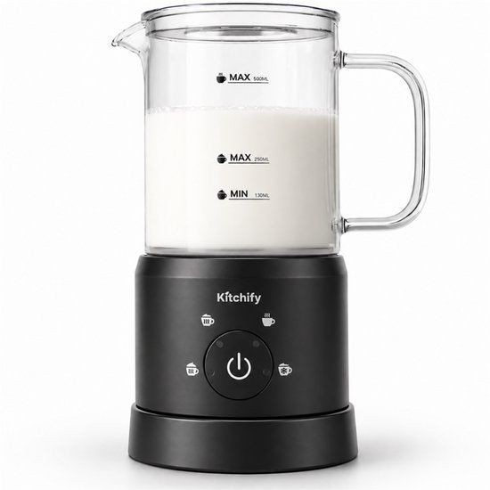 Kitchify Milchschaumer aus Glas – Elektrischer Milchschaumer – Mit Ausgießer – 4-in-1 – Milk Frother – Schwarz