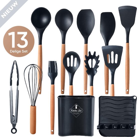 VAIVE Kochgeschirr-Set 13-teilig mit Halter - Küchengeschirr-Set - Schneebesen - Spatel Silikon
