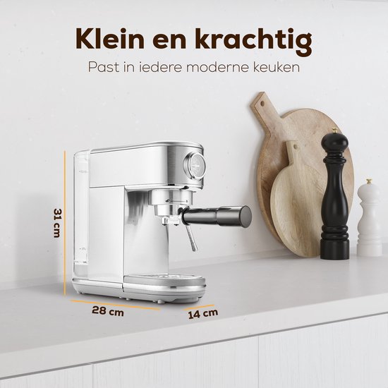 KitchenLove Kolbenmaschine - Edelstahl Espressomaschine - 20 Bar - manuell - mit Dampfdüse