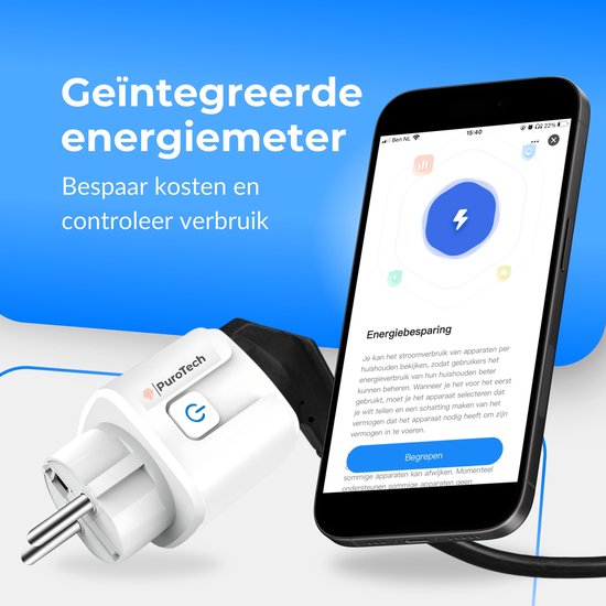 PuroTech Smart Plug - Timer & Energiezähler - Smart Plug - Für Alexa/Google Home - Verbrauchsmesser - Energiekosten