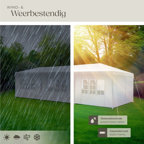 tectake® Pavillon Miramas - Partyzelt 9x3 m - Weiß - 8 abnehmbare Seitenteile - UV- und wasserbeständiger Gartenpavillon - Inklusive Spannleinen und Heringe - Vordach