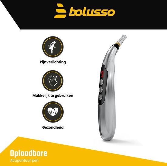 Bolusso Komplettes Akupunktur-Stift-Set - Enthält 5 Kopfstücke - Holländisches Handbuch - Massage-Stift und Werkzeug - Wiederaufladbar - Einschließlich Gel-Töpfe
