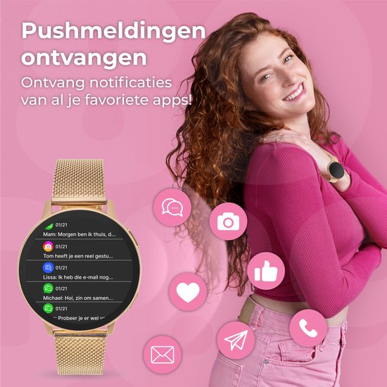 Nuvance Smartwatch Damen - Inkl. Edelstahl & Silikonband - Misst Sport & Schlaf & Körper - Pink Gold